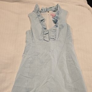 Seersucker ruffle neck shift dress